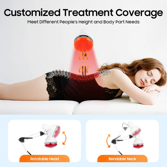 Lámpara de terapia infrarroja Nexorretail de 150W con cabezal ajustable 360° y mesa plegable para tratamiento relajante.