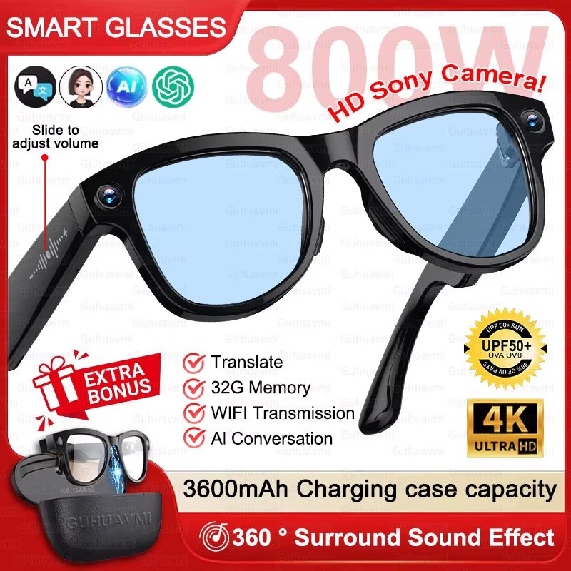 Gafas inteligentes Nexorretail M02 Ultra AI con cámara Sony de 8MP y estuche de 3600mAh, vista frontal sobre fondo blanco.