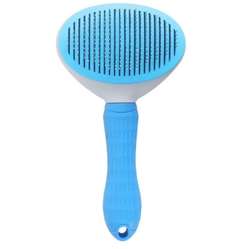 Cepillo para perros y gatos Nexorretail con función de autolimpieza y peine removedor de pelo en uso en un animal peludo