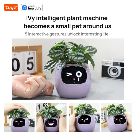 Maceta inteligente Tuya Ivy de Nexorretail con IA y 49 expresiones animadas, mostrada en un entorno doméstico moderno.