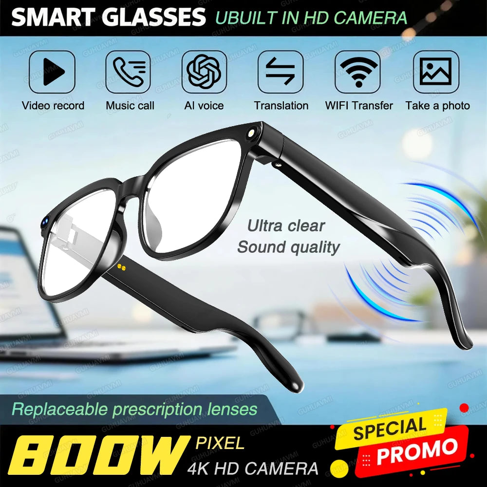 Gafas inteligentes Nexorretail con cámara HD 1080P y audio Bluetooth para hombre, vista de las gafas con lentes y detalles tecnológicos