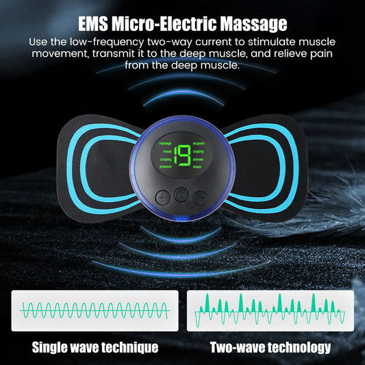 Mini masajeador de cuello EMS portátil de Nexorretail con parche eléctrico cervical y pantalla LCD para alivio muscular.