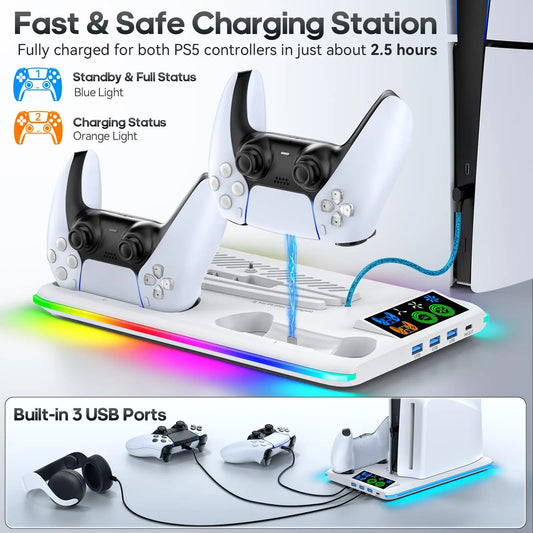 Base de carga y soporte de refrigeración para PS5 Nexorretail con iluminación RGB dual y espacio para mando y accesorios.
