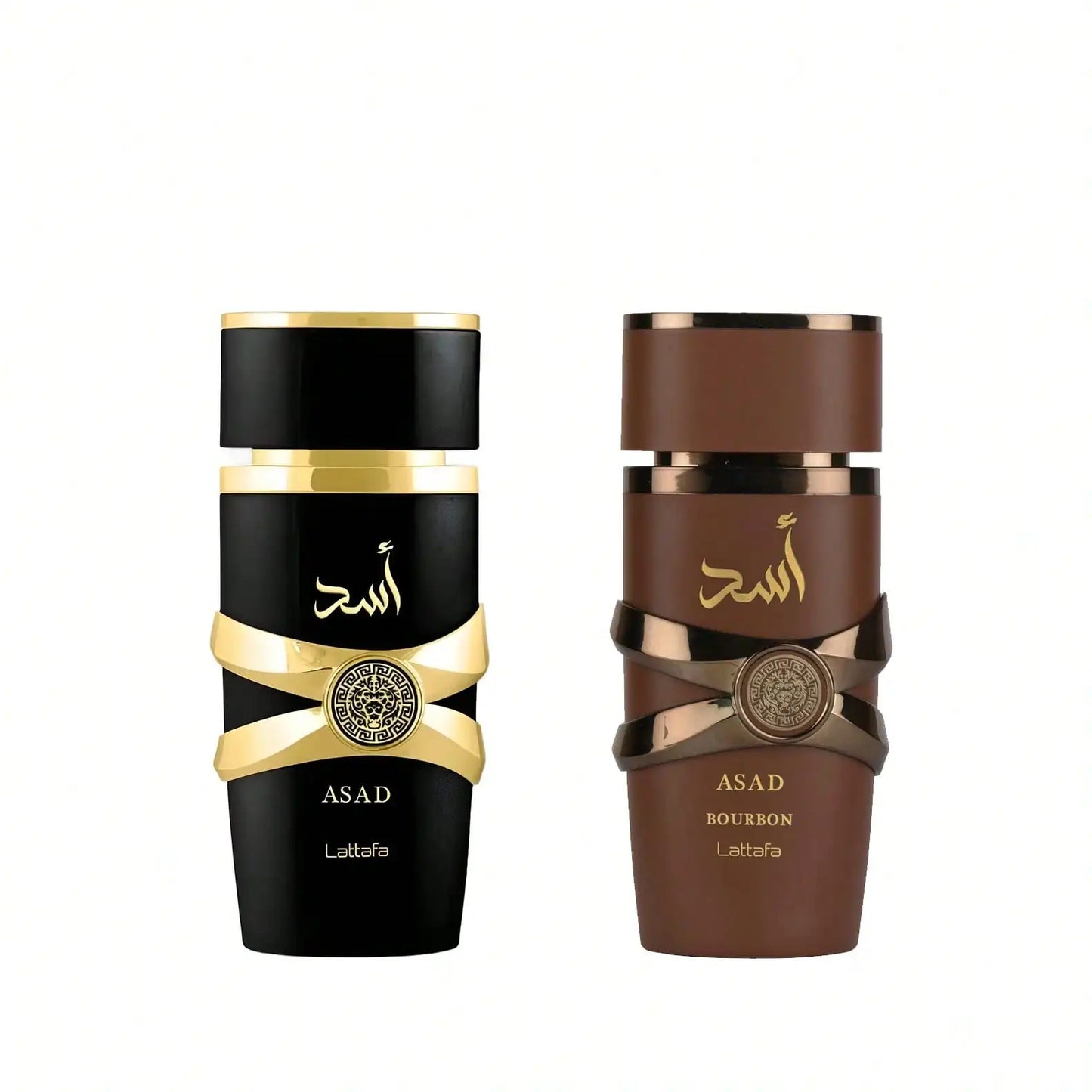 Set de dos perfumes Lattafa Asad y Asad Bourbon de 50ml para hombre en estuche, con frascos elegantes y distintivos.