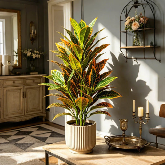 Planta artificial de Croton tropical de 24 cm, con hojas realistas de plástico para decoración del hogar y jardín.