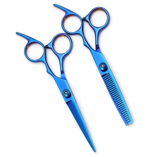 Set de tijeras de peluquería profesionales Nexorretail de acero inoxidable, con peine y tijeras moradas para corte y entresacar cabello.