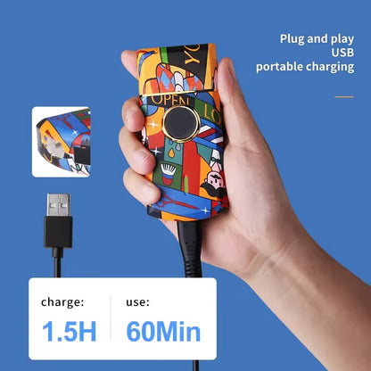 Cortadora de pelo profesional Kemei Grafiti de Nexorretail con diseño colorido y máquina de afeitar USB para cortes precisos.