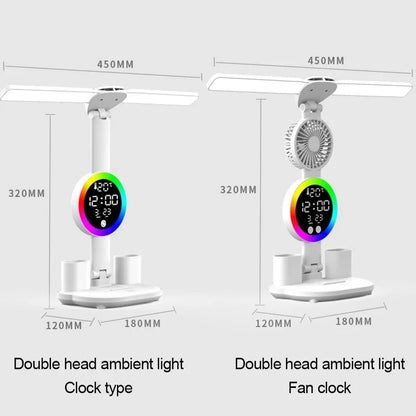 Lámpara de mesa LED con ventilador y reloj, luz de escritorio de lectura para estudio, luz nocturna, brillo ajustable