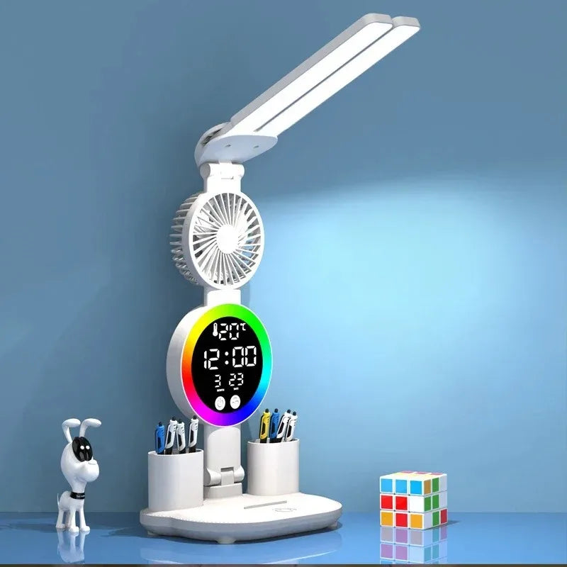 Lámpara de mesa LED con ventilador y reloj, luz de escritorio de lectura para estudio, luz nocturna, brillo ajustable