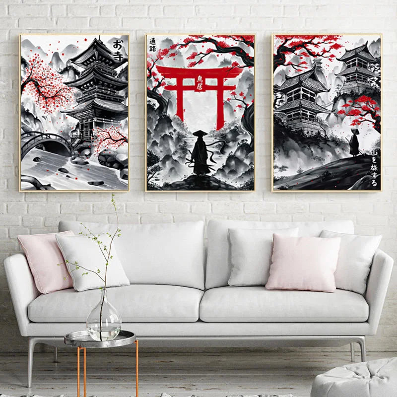 Pintura en lienzo de paisaje Natural japonés sin marco, carteles negros y rojos, impresiones artísticas de pared con tinta Vintage para sala de estar y hogar, 3 uds.