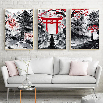 Pintura en lienzo de paisaje Natural japonés sin marco, carteles negros y rojos, impresiones artísticas de pared con tinta Vintage para sala de estar y hogar, 3 uds.