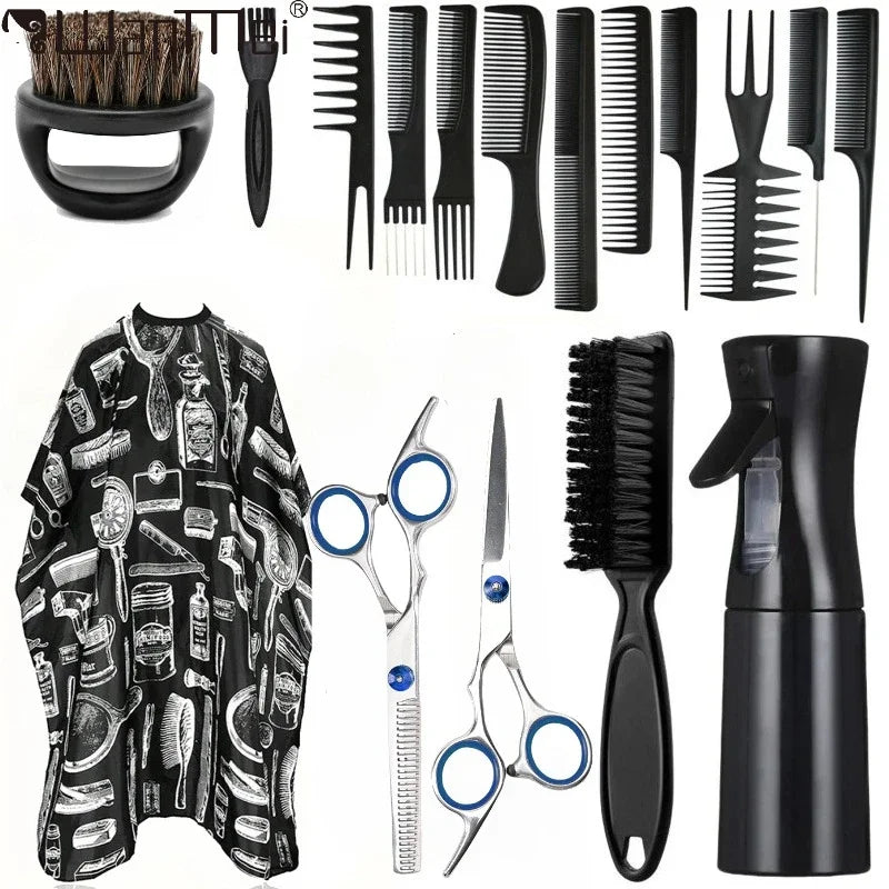Set de barbería profesional WANMEI con capa ajustable, peines y tijeras para cortes de cabello y peinados.