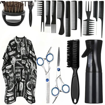 Set de barbería profesional WANMEI con capa ajustable, peines y tijeras para cortes de cabello y peinados.