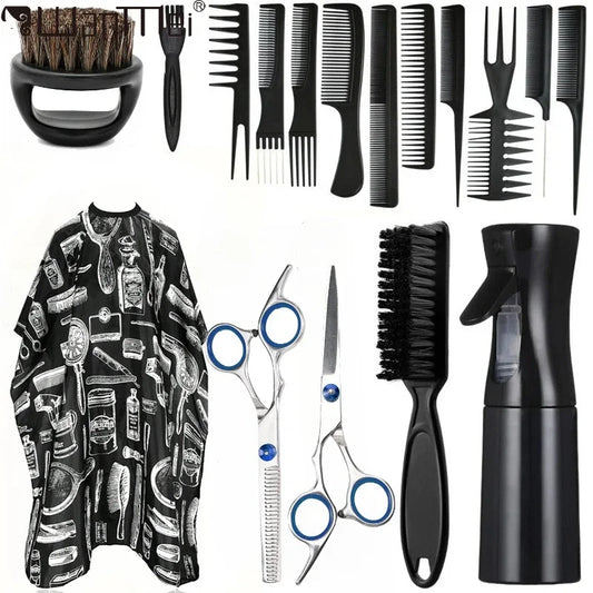 Set de barbería profesional WANMEI con capa ajustable, peines y tijeras para cortes de cabello y peinados.