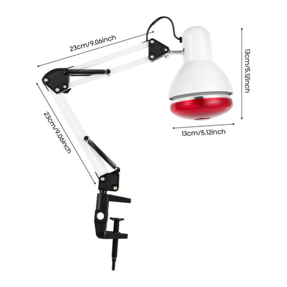 Lámpara de terapia infrarroja Nexorretail de 150W con cabezal ajustable 360° y mesa plegable para tratamiento.