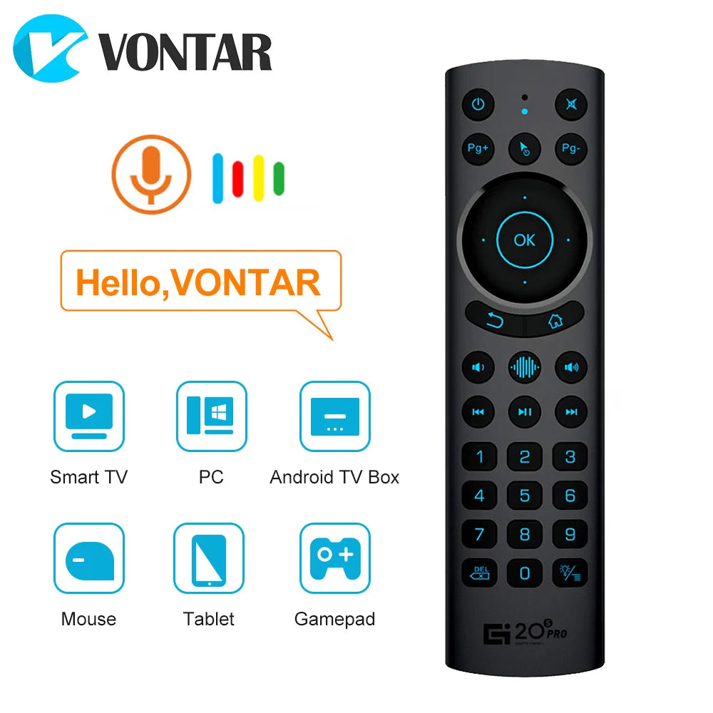 Control remoto por voz VONTAR G20S Pro de Nexorretail, air mouse inalámbrico con giroscopio y funciones de reconocimiento de voz.