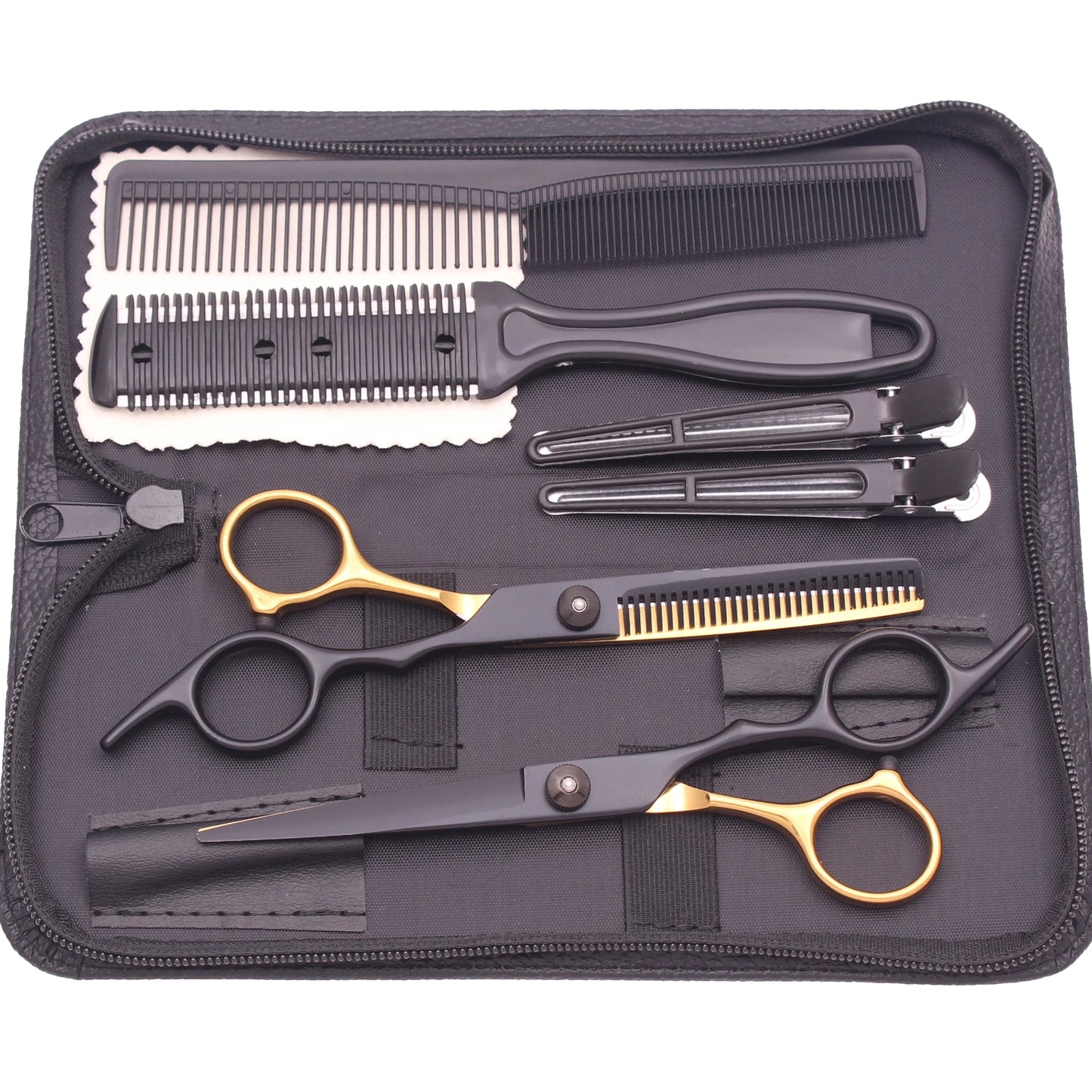 Kit de tijeras de peluquería profesional Nexorretail con 6.0 de acero japonés, mostrando las tijeras en un estuche negro.