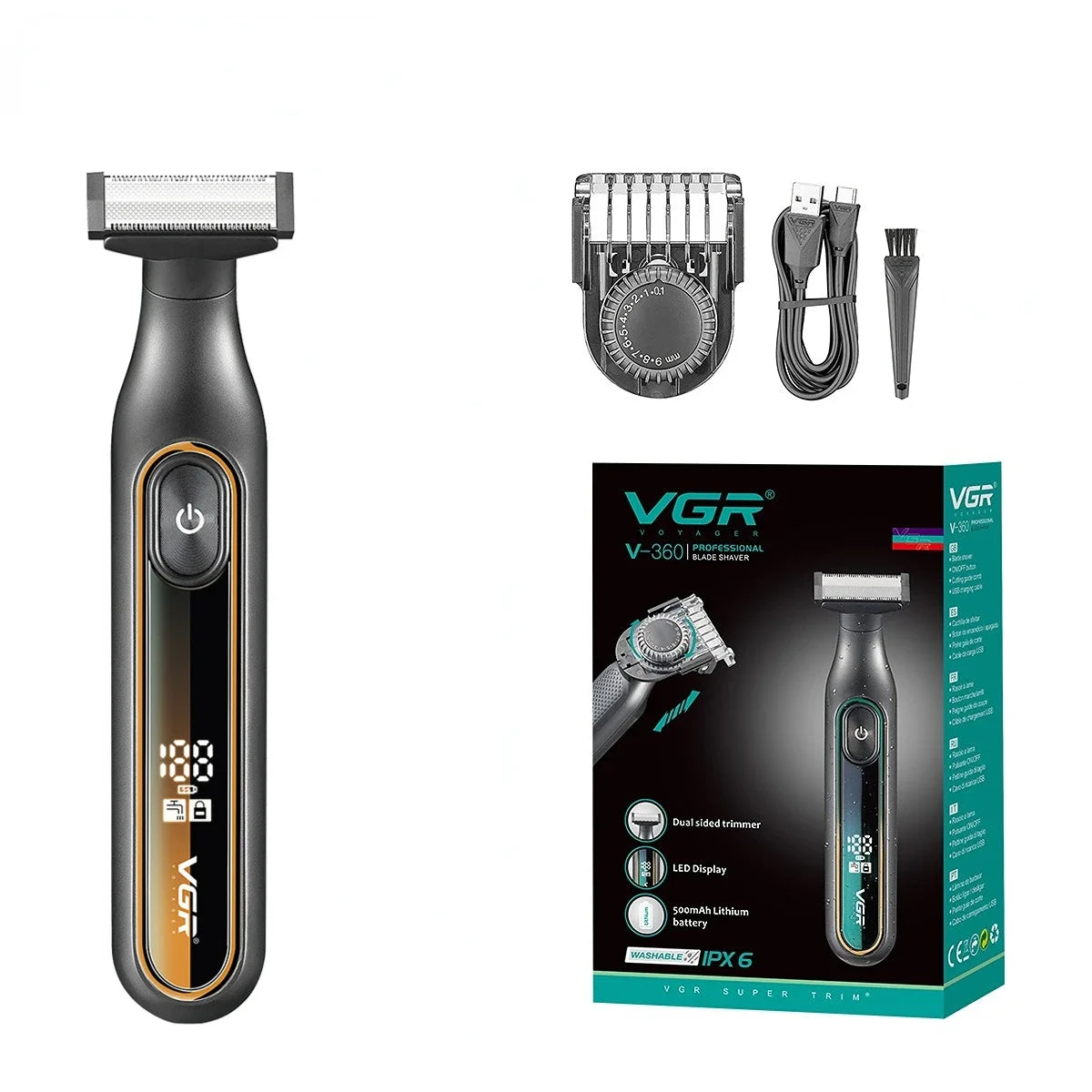 VGR rasuradora de hombre rasuradora barba hombre Afeitadora Profesional Afeitadora Portátil Recortadora de vello corporal IPX6 Resistente al agua Recortadora de barba Recargable Afeitadora eléctrica para hombres V-360