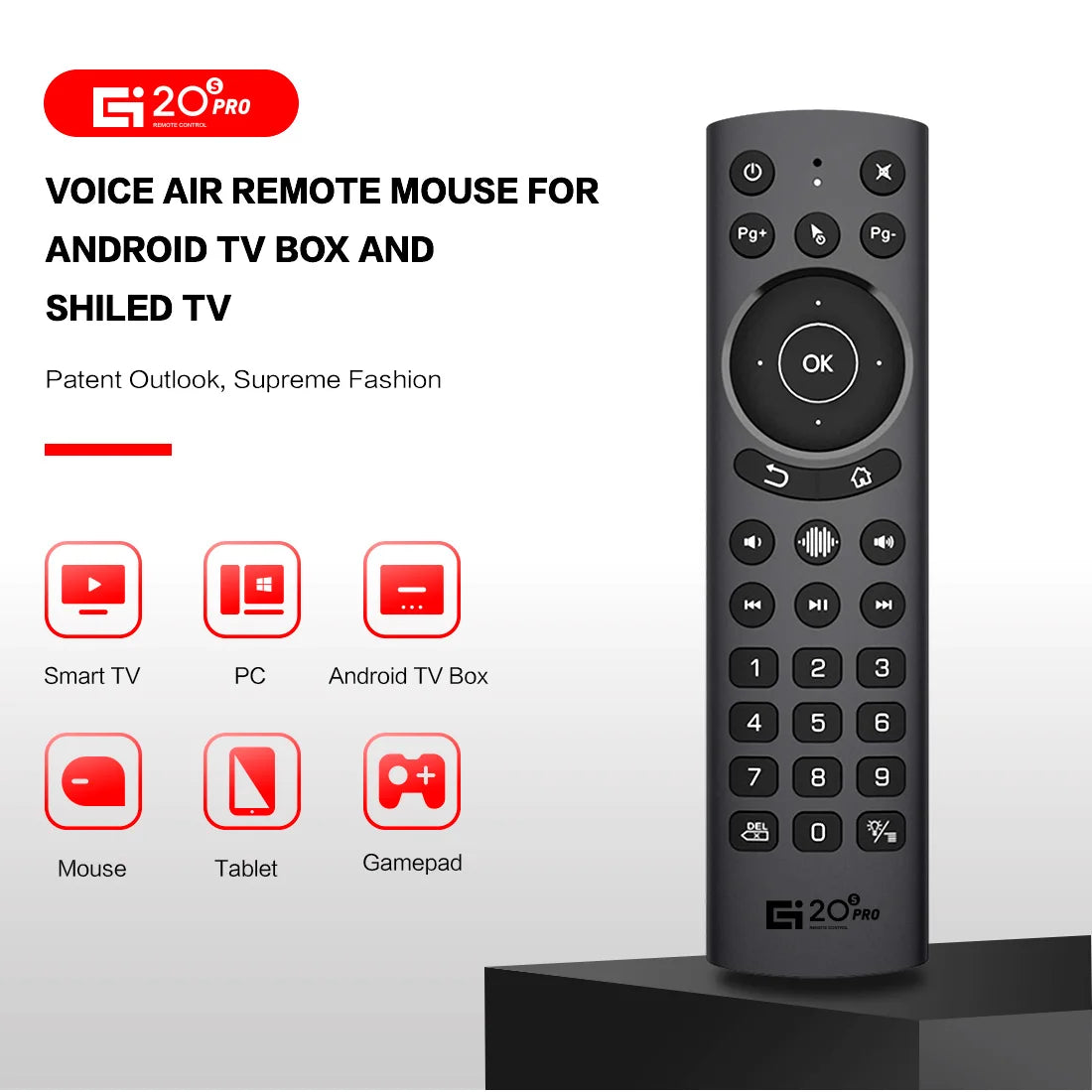 Control remoto por voz VONTAR G20S Pro de Nexorretail con giroscopio y función de air mouse inalámbrico en uso.