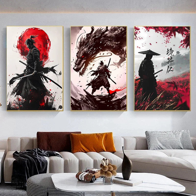 Pósteres de guerrero samurái japonés, lienzo impreso, pintura artística abstracta samurái japonés, imágenes artísticas de pared para decoración del hogar y la sala de estar