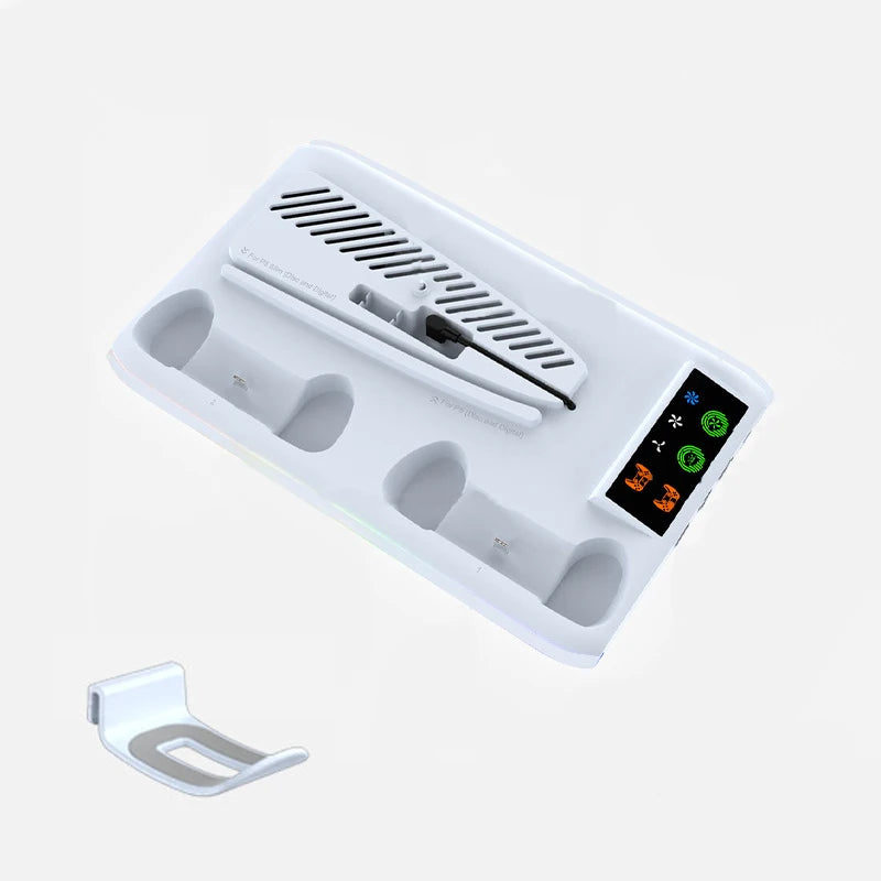 Base de carga y soporte de refrigeración RGB dual para PS5 de Nexorretail, con ventiladores y puertos USB en la estación.