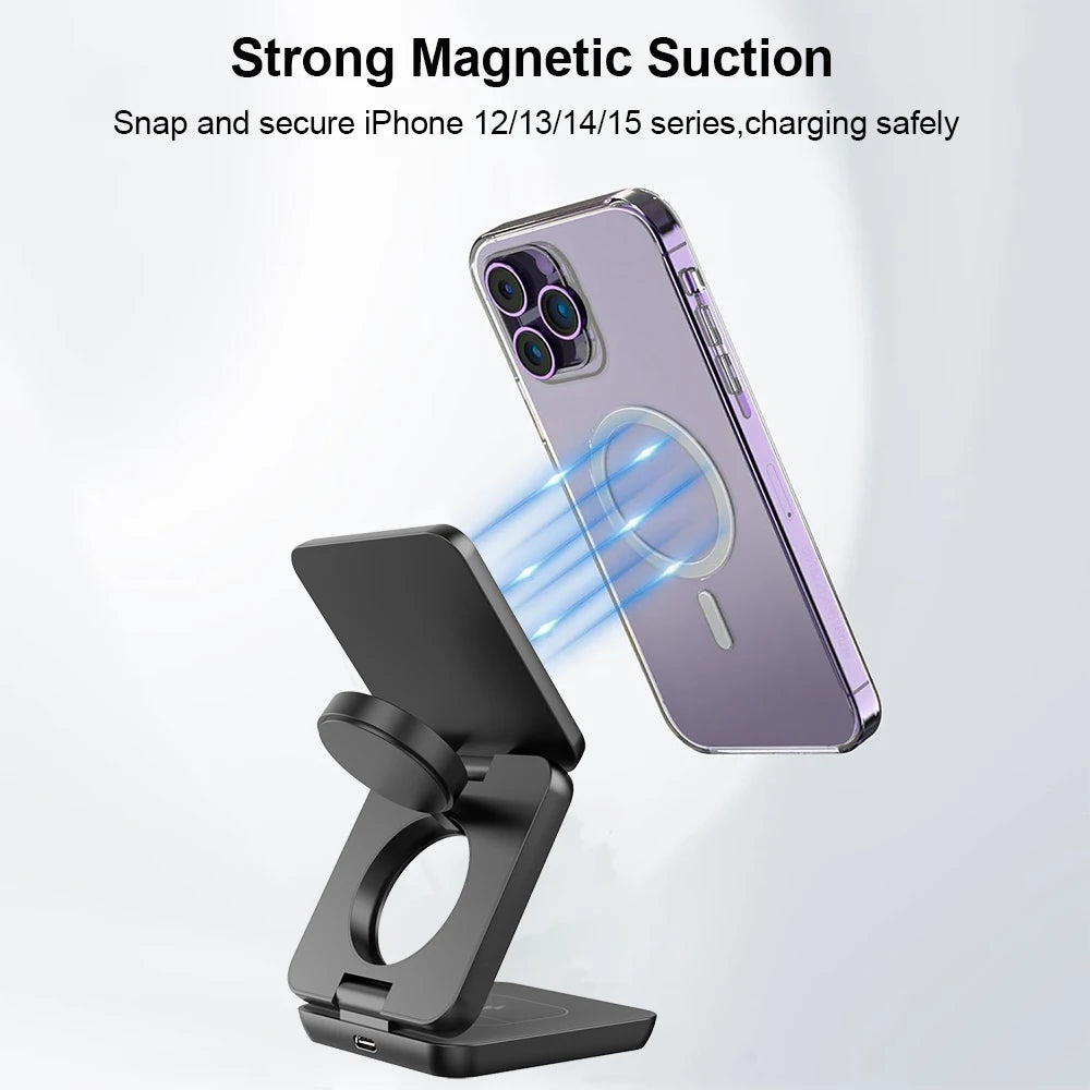 Cargador inalámbrico 3 en 1 estación de carga inalámbrica magnética plegable para iPhone 15 14 13 12 Pro Max Apple Watch 8 9 cargador