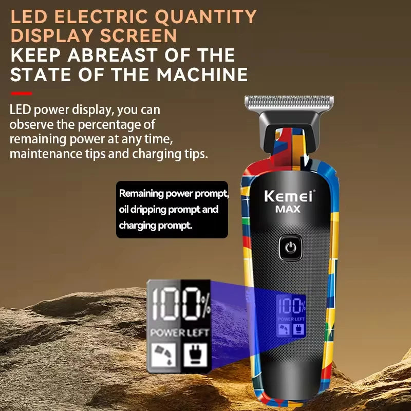 Cortadora de pelo profesional Kemei Grafiti de Nexorretail, máquina de afeitar USB con diseño colorido y detalles en la cabeza de corte