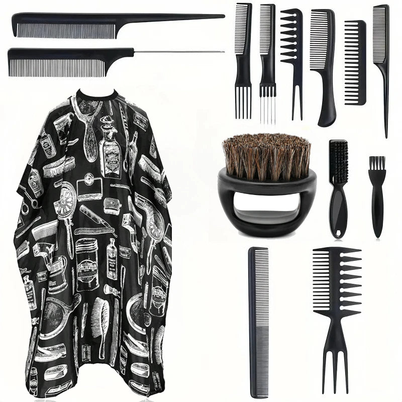 Set de barbería profesional Nexorretail con capa ajustable, peines y tijeras para corte de cabello.