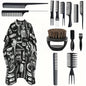 Set de barbería profesional Nexorretail con capa ajustable, peines y tijeras para corte de cabello.