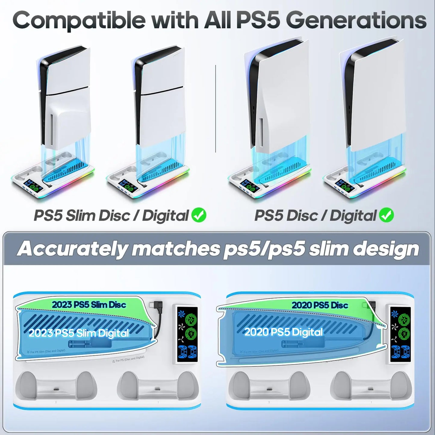 Base de carga y soporte de refrigeración para PS5 con iluminación RGB dual de Nexorretail, con puertos y ventiladores integrados.