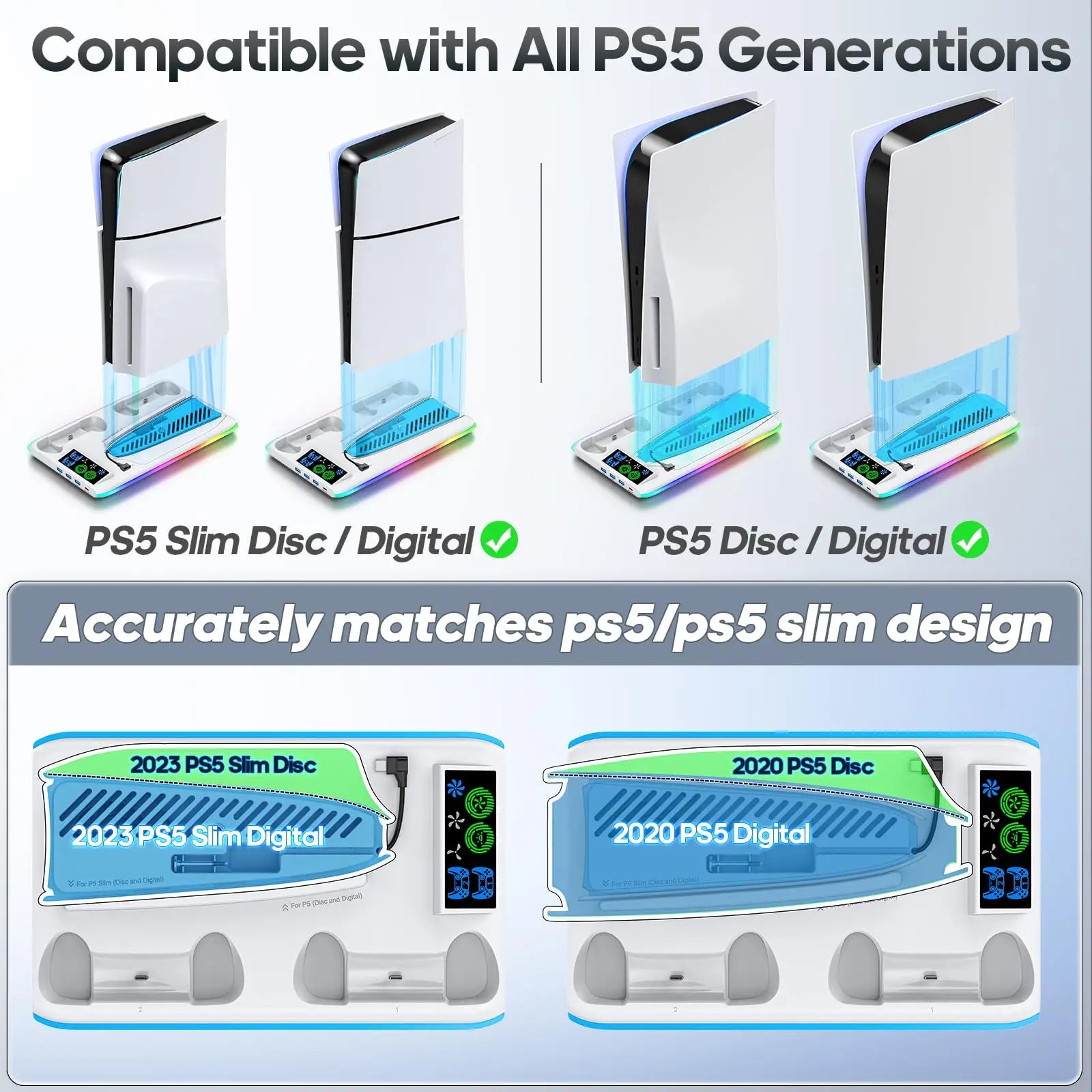 Base de carga y soporte de refrigeración para PS5 con iluminación RGB dual de Nexorretail, con puertos y ventiladores integrados.