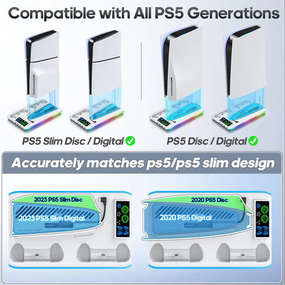 Base de carga y soporte de refrigeración para PS5 con iluminación RGB dual de Nexorretail, con puertos y ventiladores integrados.