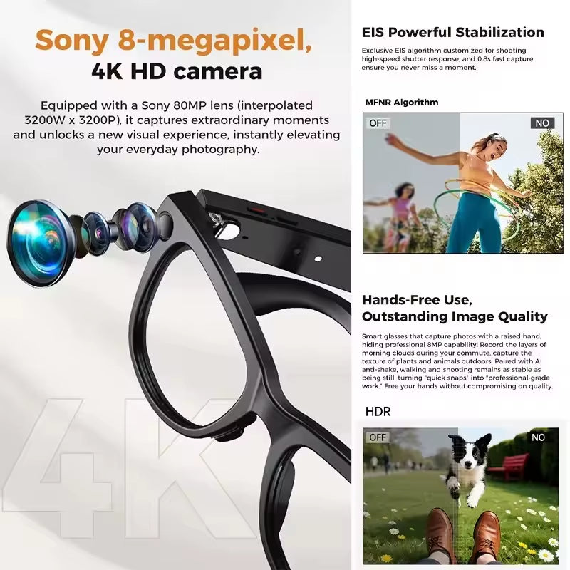 Gafas inteligentes Nexorretail M02 Ultra AI con cámara Sony 8MP y estuche de 3600mAh, vista desde el lado con pantalla y lentes
