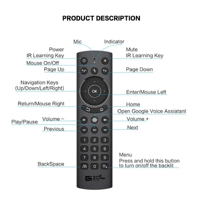 Control remoto por voz VONTAR G20S Pro de Nexorretail, air mouse inalámbrico con giroscopio y funciones de voz.