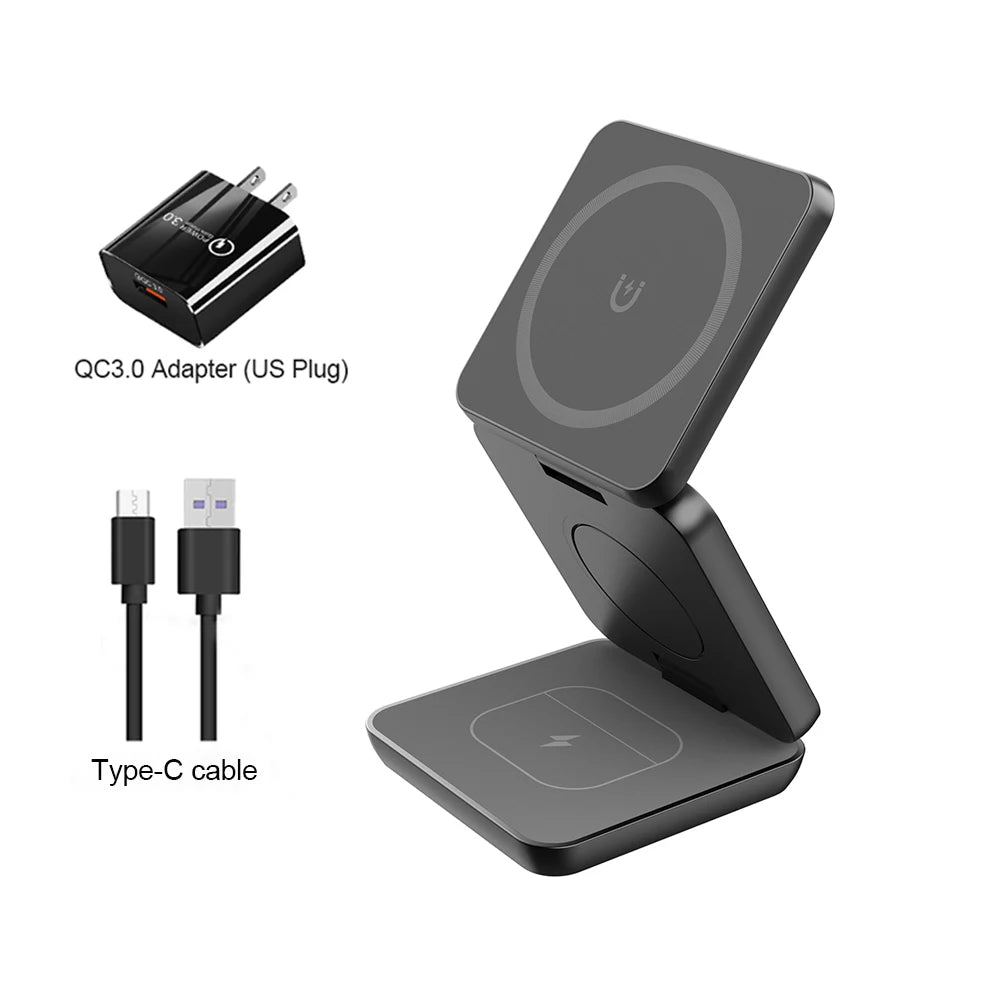 Cargador inalámbrico 3 en 1 estación de carga inalámbrica magnética plegable para iPhone 15 14 13 12 Pro Max Apple Watch 8 9 cargador