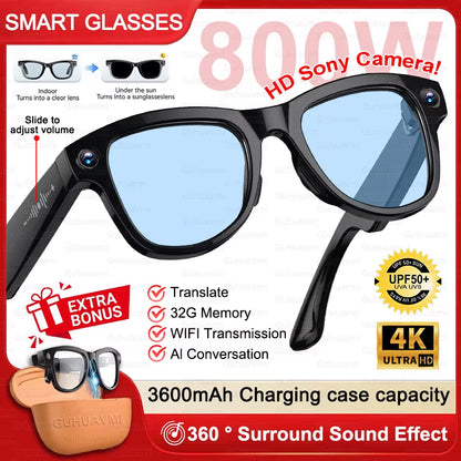 Gafas inteligentes Nexorretail M02 Ultra AI con cámara Sony 8MP y estuche de 3600mAh, vista frontal en color negro
