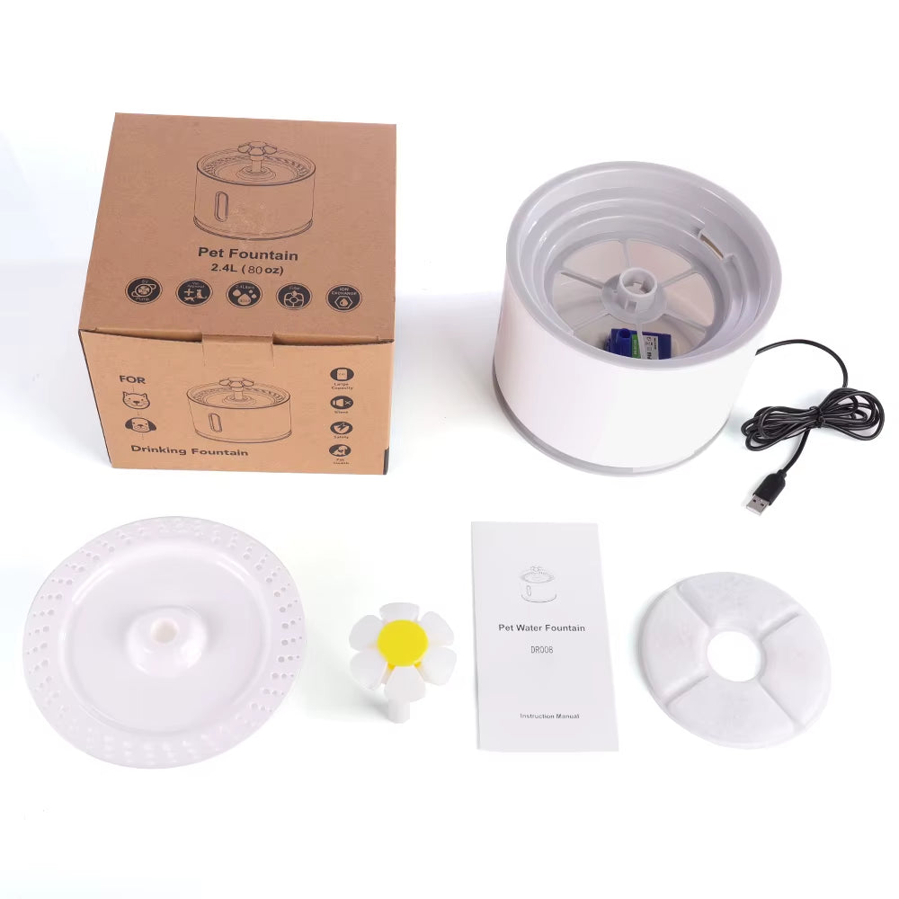 Fuente de agua automática para Gato con iluminación LED, paquete de 5 filtros, 2,4 L, USB, bebedero silencioso para perros y gatos, dispensador de bebidas