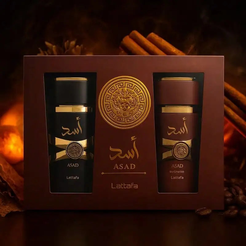 Set de perfumes para hombre Lattafa Asad y Asad Bourbon, estuche con dos frascos de 50 ml cada uno.