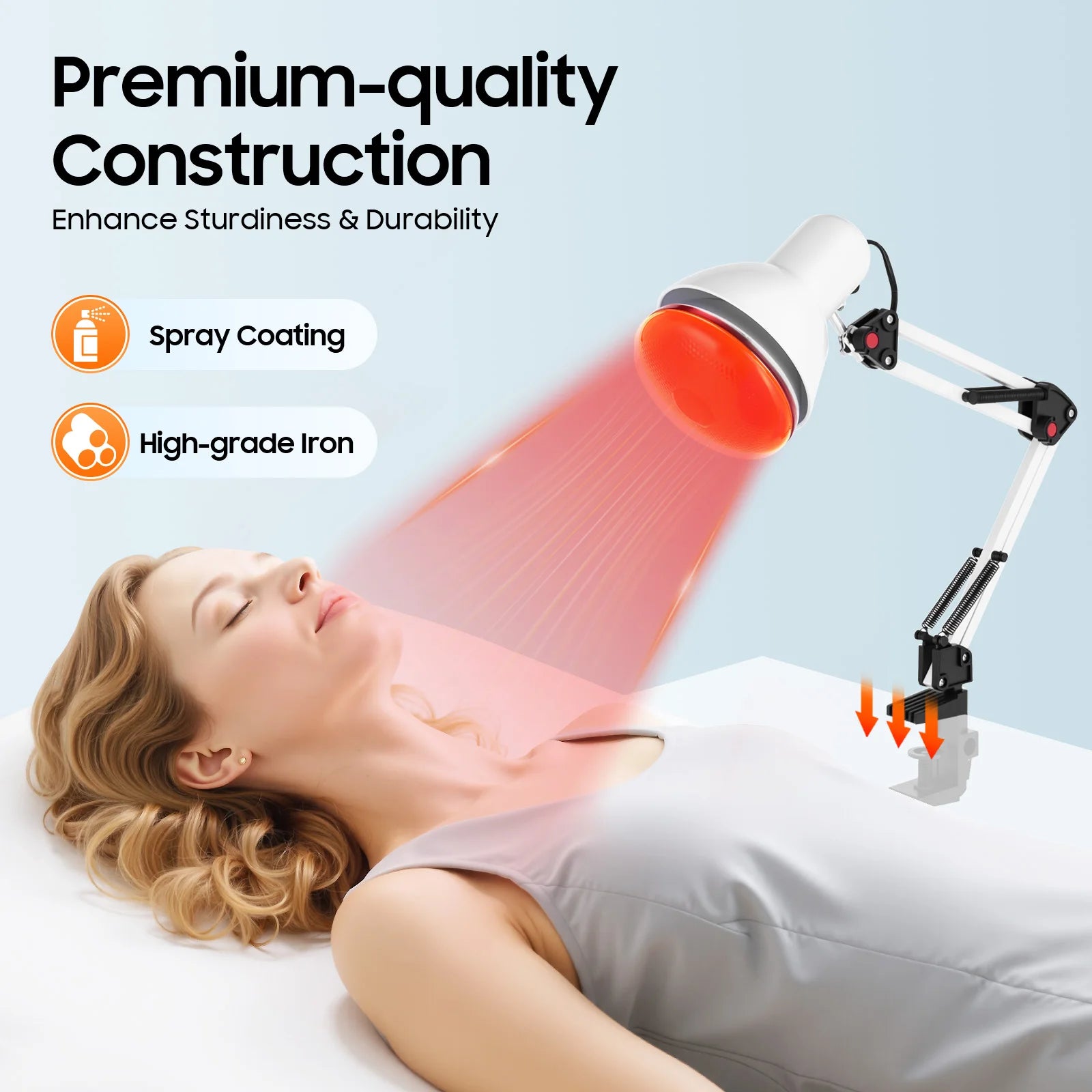 Lámpara de terapia infrarroja Nexorretail de 150W con cabezal ajustable 360° y mesa plegable para tratamientos térmicos.