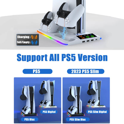Base de carga y soporte de refrigeración para PS5 Nexorretail con iluminación RGB y doble puerto de carga.