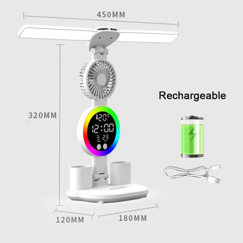Lámpara de mesa LED con ventilador y reloj, luz de escritorio de lectura para estudio, luz nocturna, brillo ajustable
