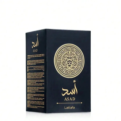 Perfume Lattafa Asad 50ml, eau de parfum árabe para hombre, frasco con diseño elegante y líquido dorado.