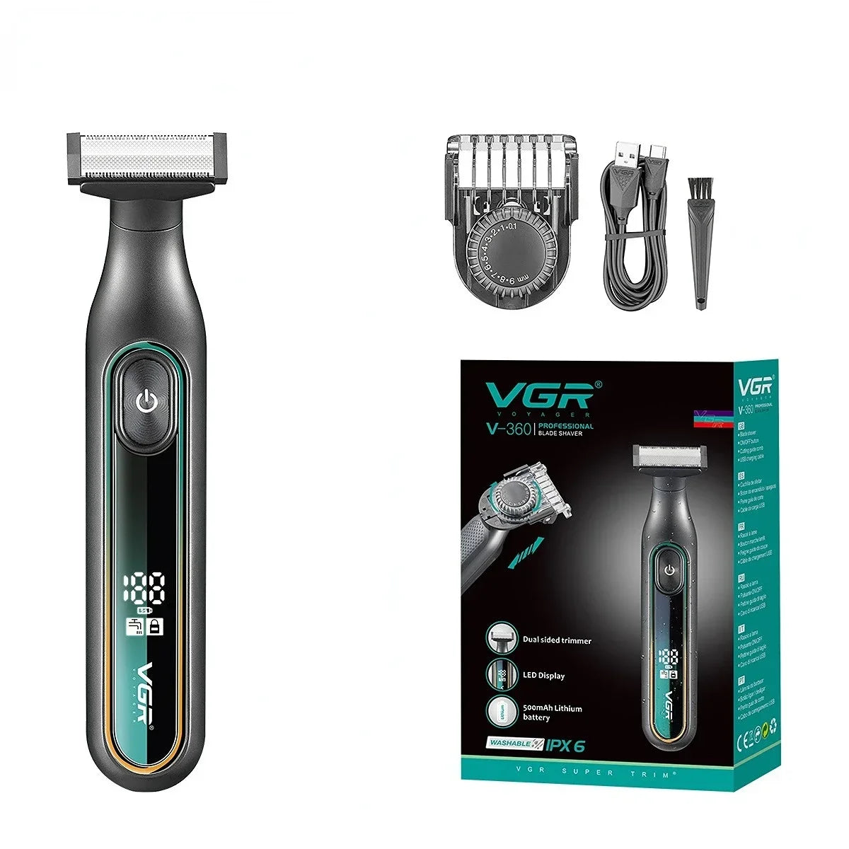 VGR rasuradora de hombre rasuradora barba hombre Afeitadora Profesional Afeitadora Portátil Recortadora de vello corporal IPX6 Resistente al agua Recortadora de barba Recargable Afeitadora eléctrica para hombres V-360