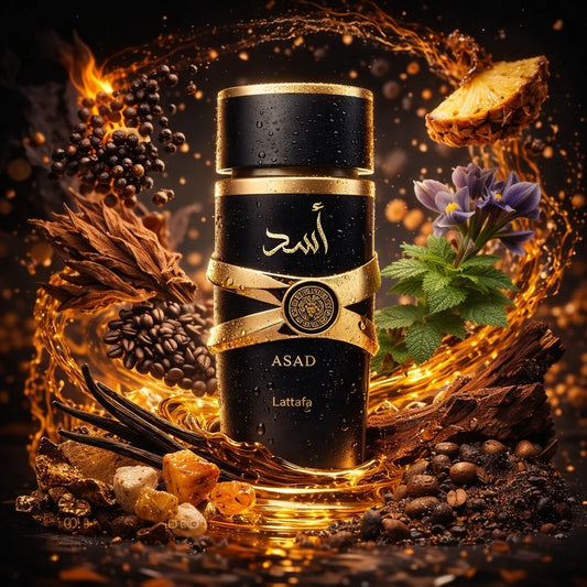 Frasco de Perfume Lattafa Asad 50ml negro y dorado rodeado de ingredientes como café, flores y resinas aromáticas con salpicaduras de luz dorada.