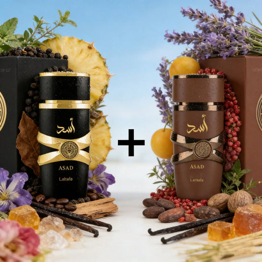 Set de perfumes para hombre Lattafa Asad y Asad Bourbon en estuche con dos frascos de 50ml cada uno, fragancias masculinas.