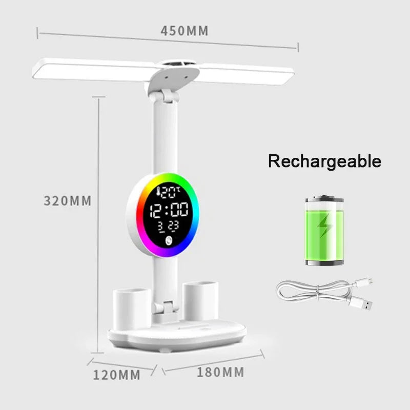 Lámpara de mesa LED con ventilador y reloj, luz de escritorio de lectura para estudio, luz nocturna, brillo ajustable