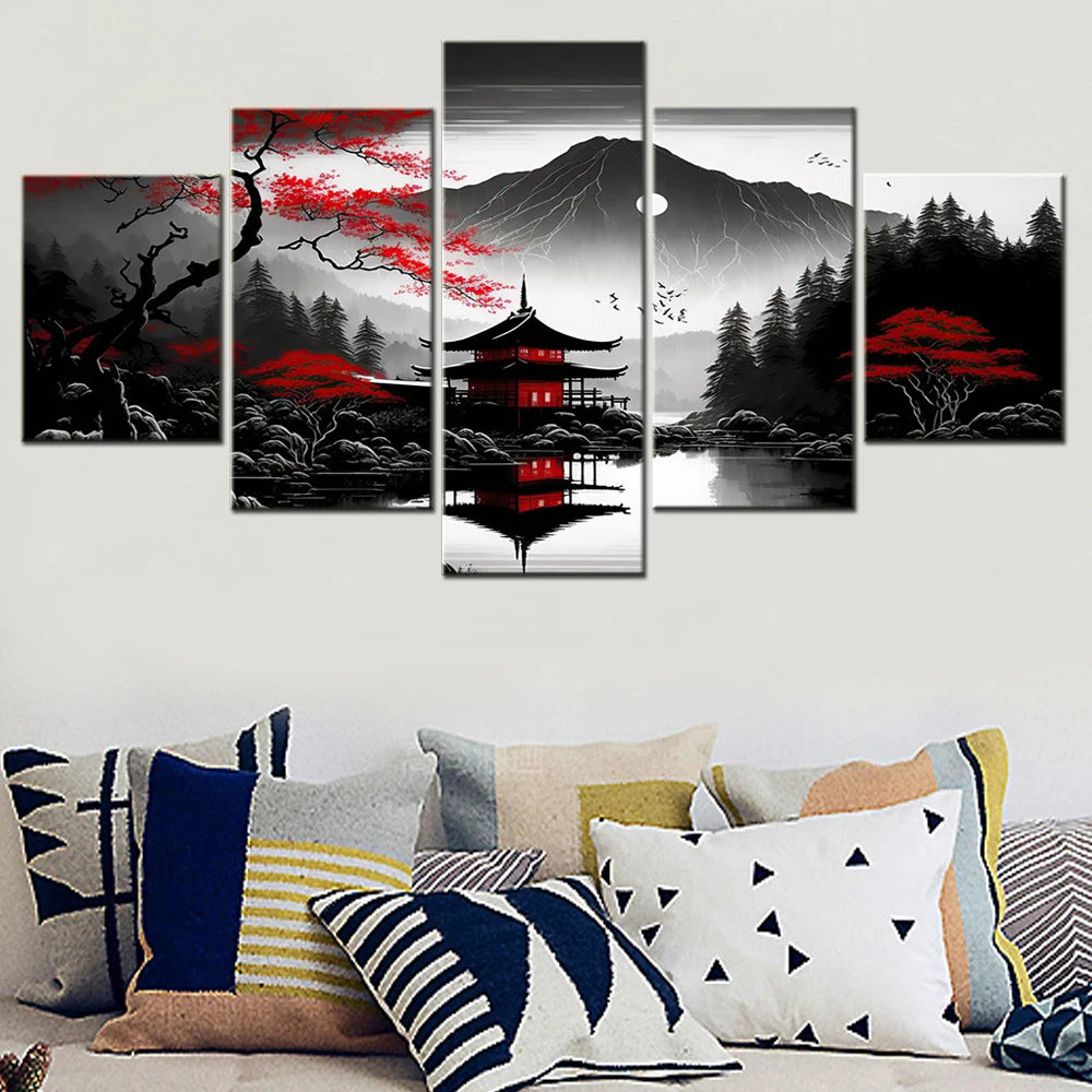 5 piezas de lienzo de paisaje, negro, rojo, montañas japonesas, agua, decoración del hogar, imágenes impresas para pared de salón, obra de arte Interior