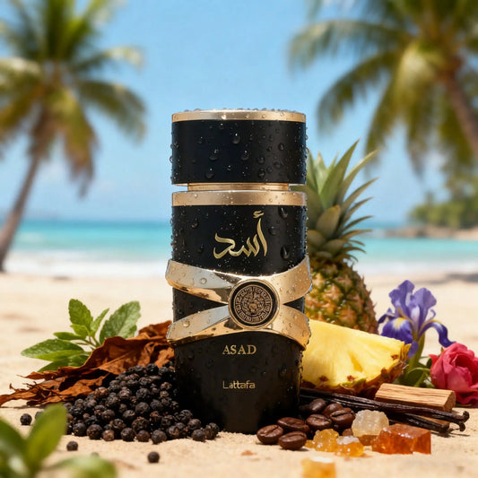Perfume Lattafa Asad 50ml, Eau de Parfum árabe para hombre, frasco con diseño elegante y etiqueta distintiva.