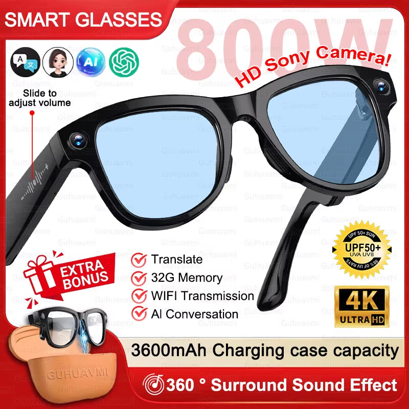Gafas inteligentes Nexorretail M02 Ultra AI con cámara Sony 8MP y estuche de 3600mAh, en un entorno moderno y elegante.