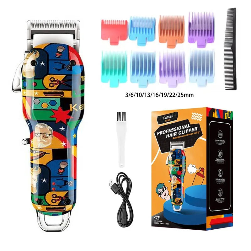 Cortadora de pelo profesional Kemei Grafiti de Nexorretail, máquina de afeitar USB con diseño moderno y afiladas cuchillas.